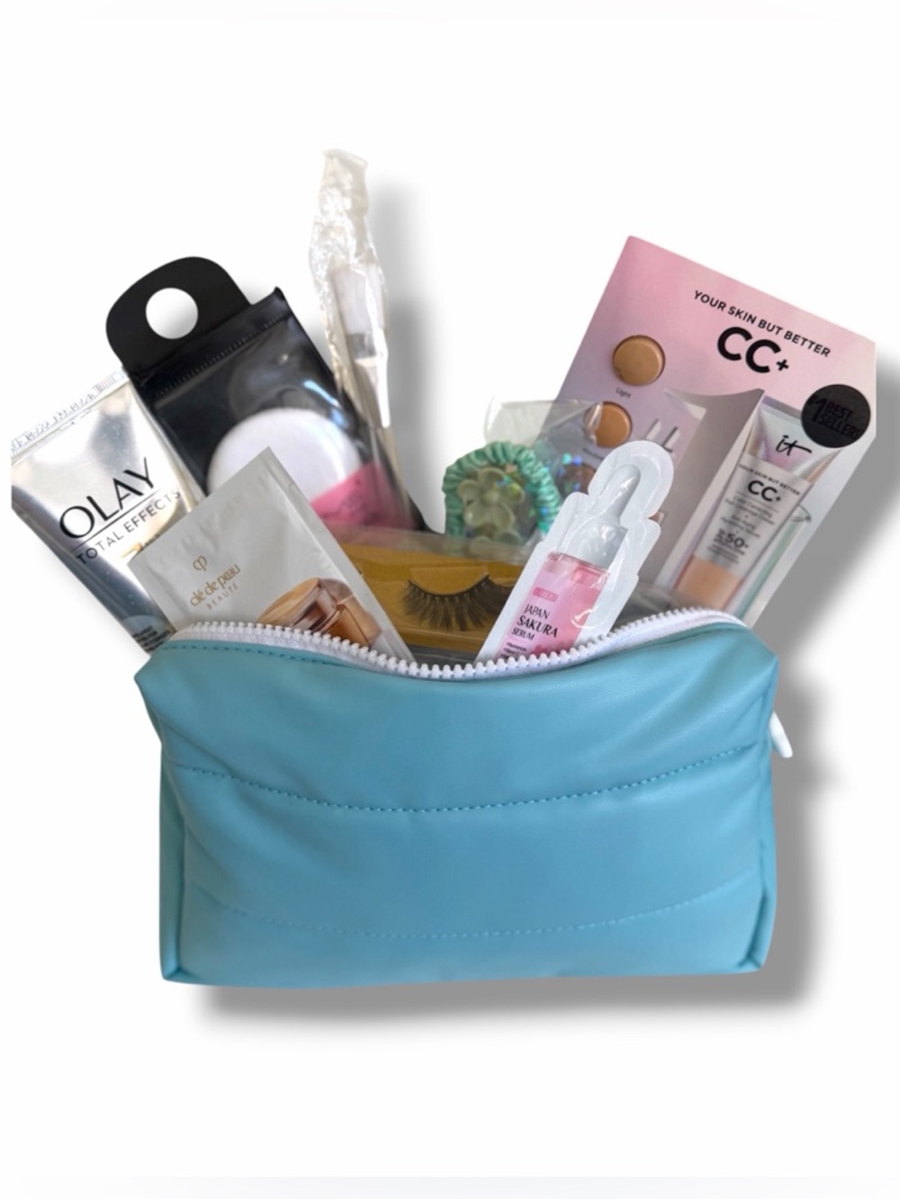 Soft Blue Quilted Puffy Cosmetic Bag with 10 Beauty Skincare & Accessories